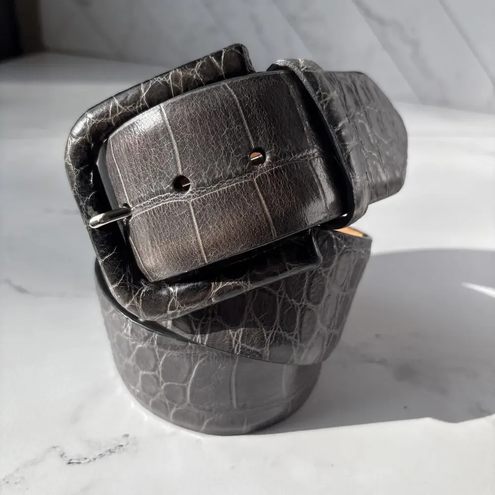 W.KLEINBERG Gray Leather Embossed Crocodile Pattern Wide Belt Covered Buckle L